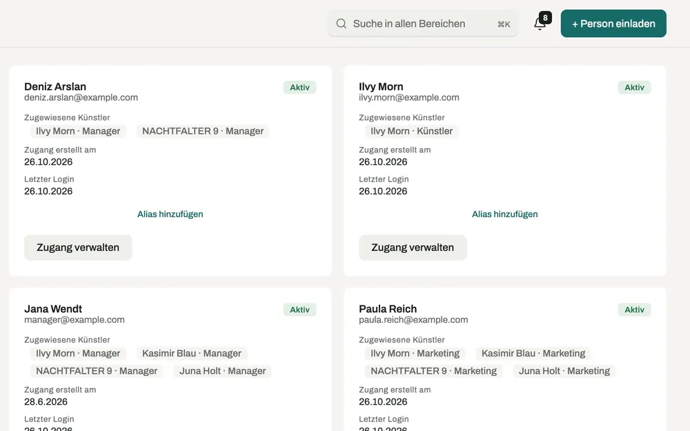 Der Team-Bereich in Zeptha mit Personen und ihren Rollen pro Künstler